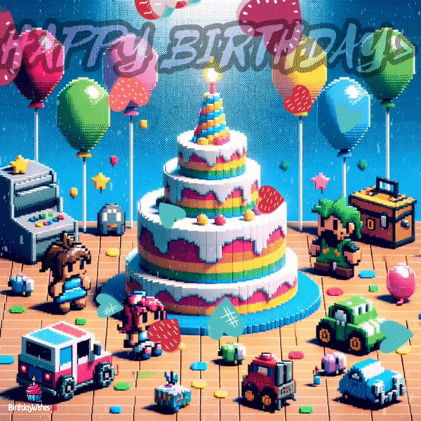 pixel art cake and hearts happy birthday