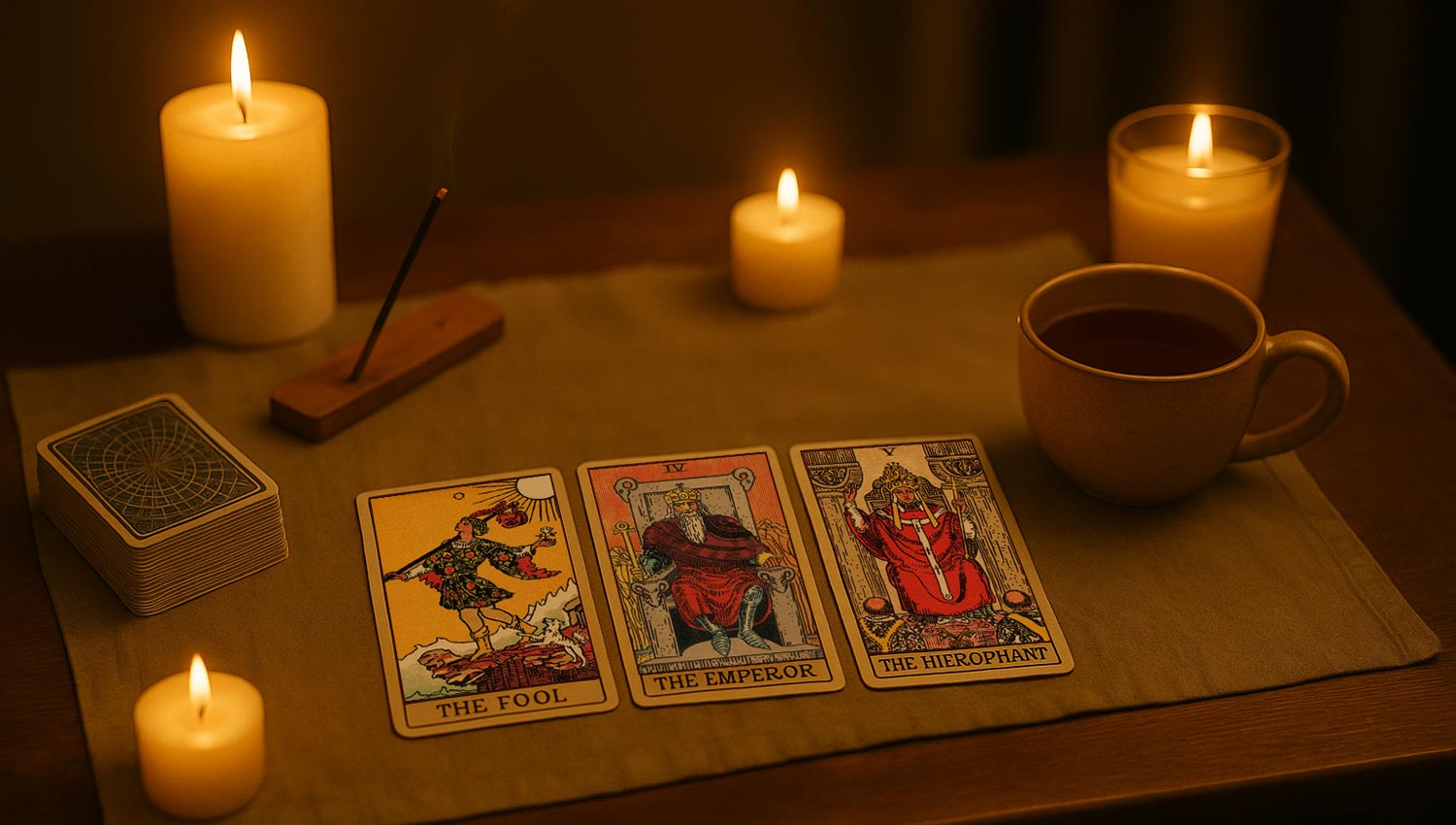A cozy tarot reading table setup with three tarot cards — The Fool, The Emperor, and The Hierophant — laid out on soft fabric, surrounded by warm candlelight, an incense stick, and a cup of tea, evoking a calm, intentional atmosphere.