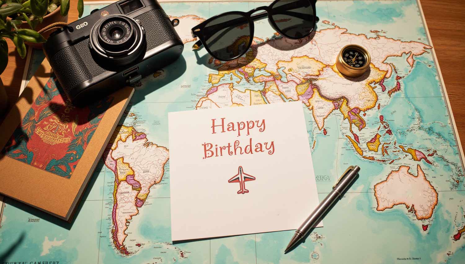 A travel-themed birthday card laid on a map with a passport and camera beside it