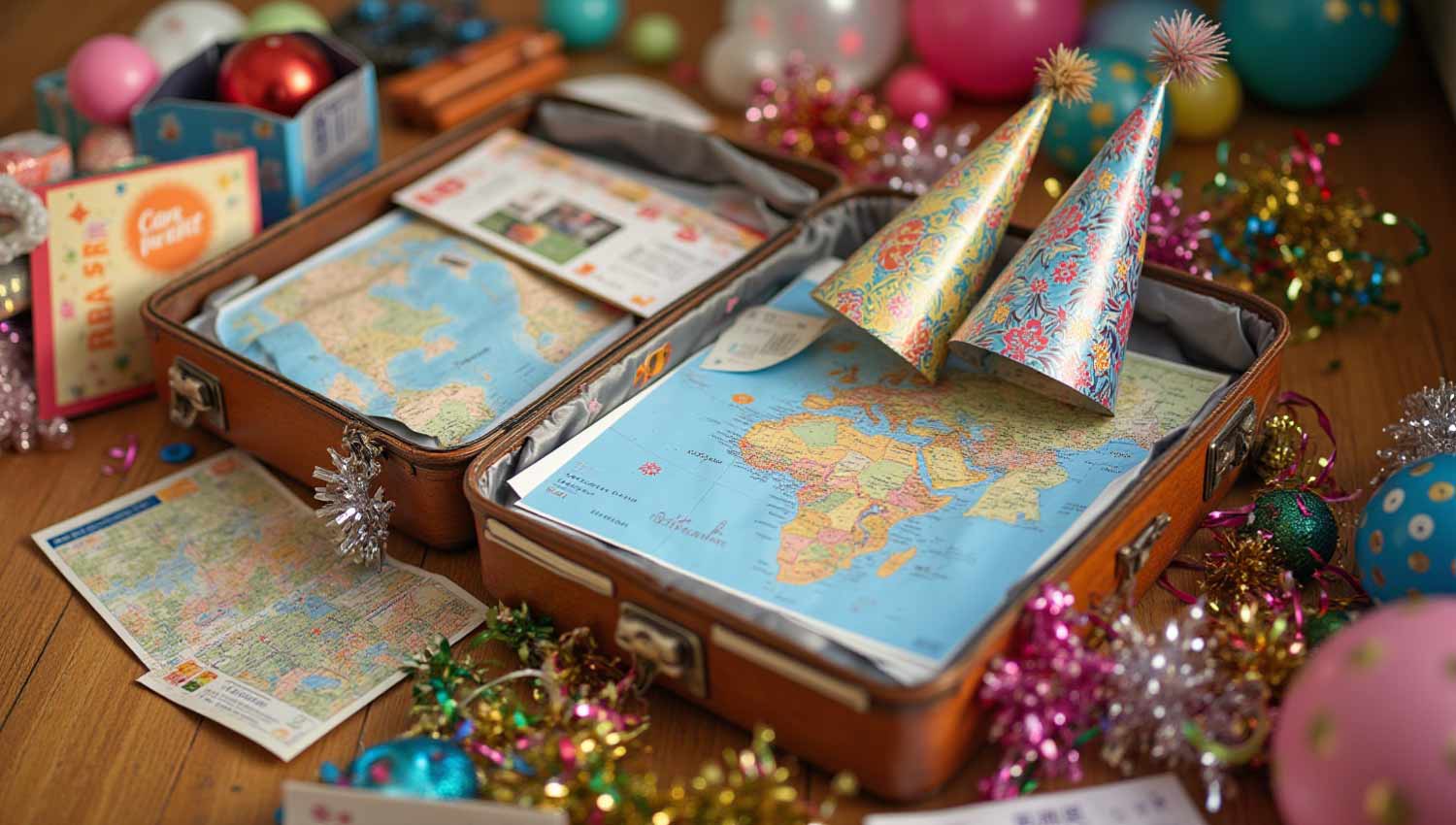 A suitcase overflowing with itinerary papers and birthday decorations