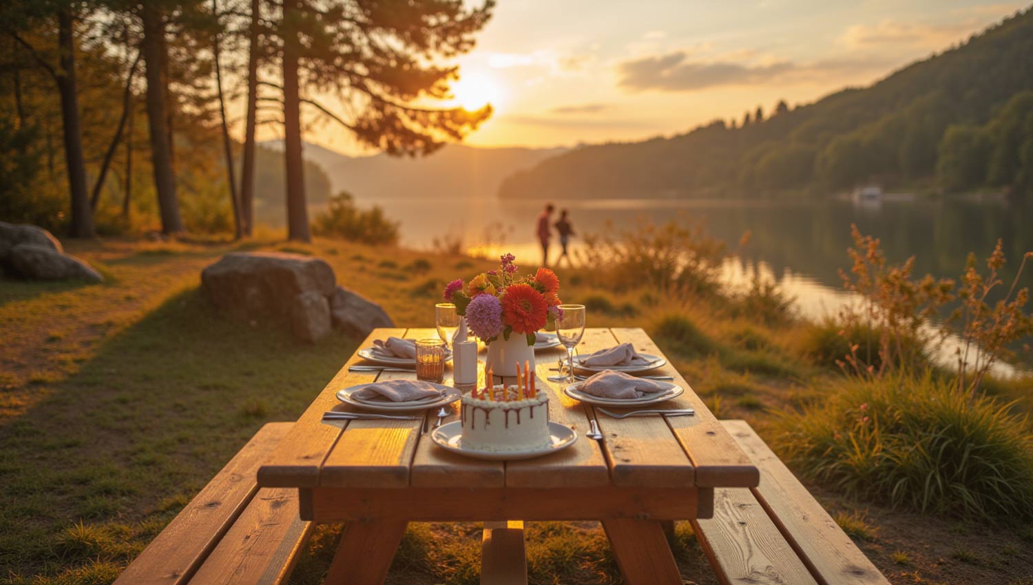 Soft-lit birthday scene against a scenic nature background with a heartfelt message overlay
