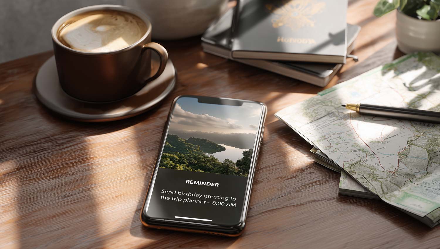 A phone alarm titled “Send birthday greeting to the trip planner” set for 8 a.m.