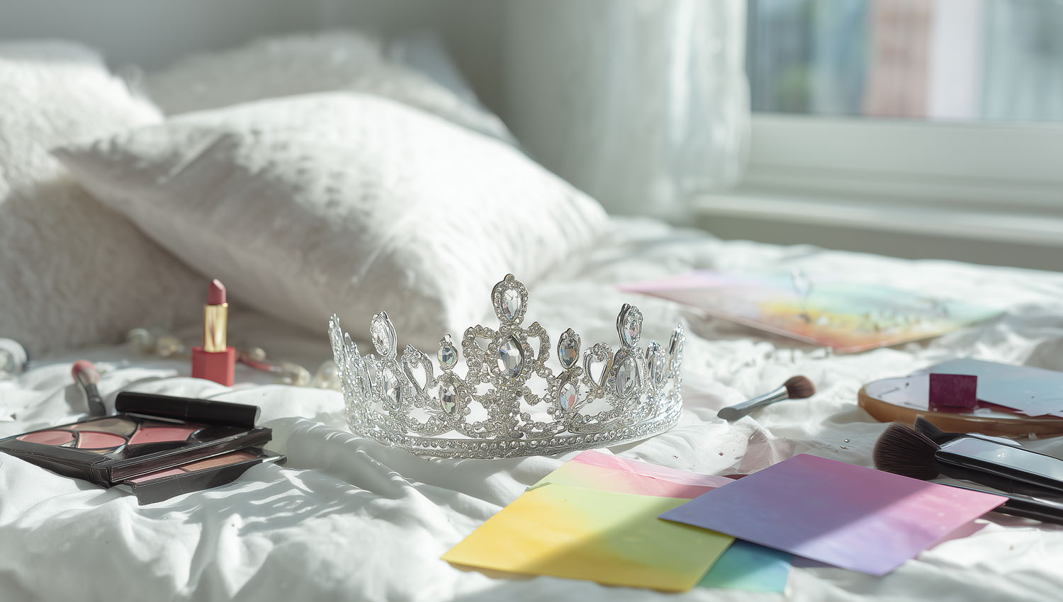 A sparkly tiara dropped on a messy bed, surrounded by birthday cards and empty makeup palettes.