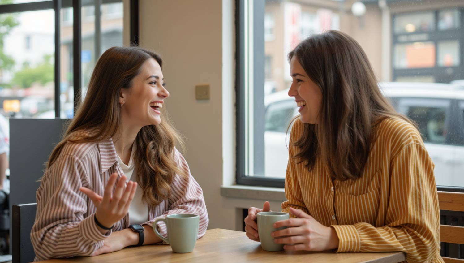 Two friends laughing together over coffee, candid moment.