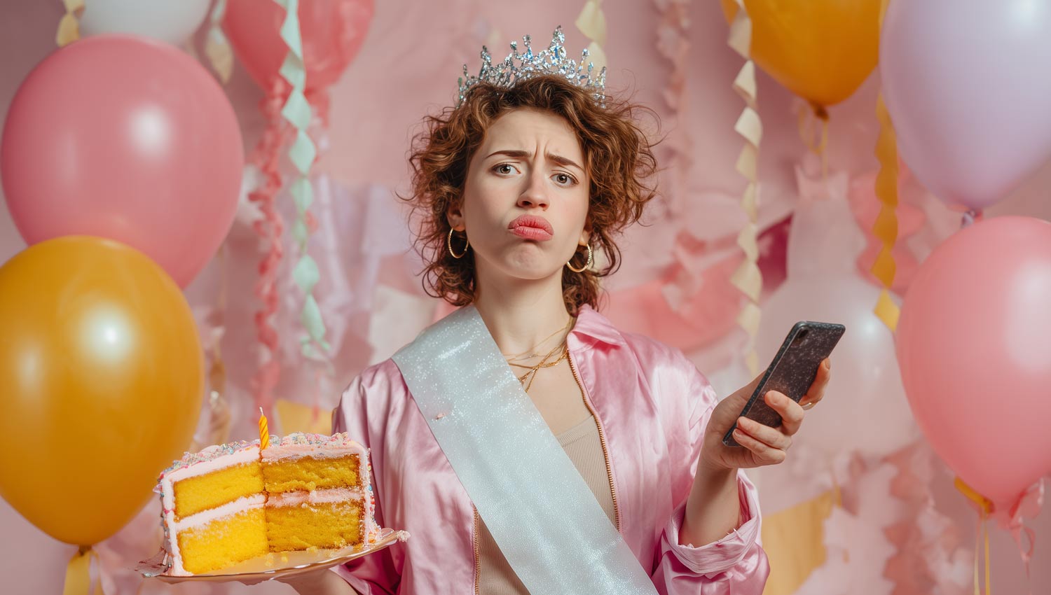 A photo of a friend dramatically holding a cake and a phone in the same hand.
