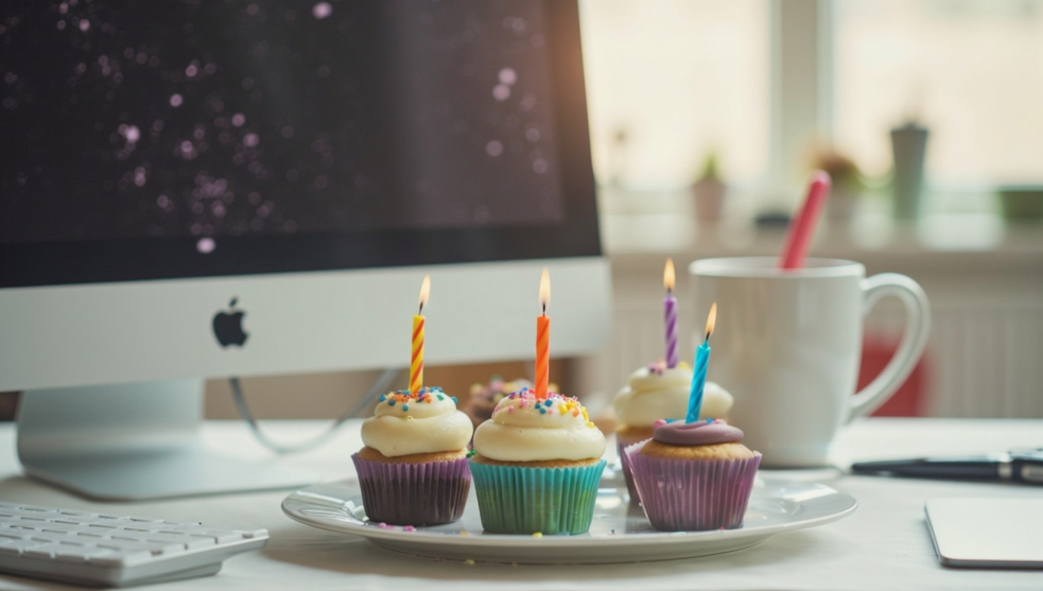 Office desk with birthday cupcakes and coffee mug.