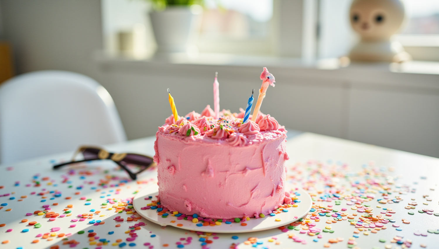 A messy birthday cake with one candle sideways, surrounded by confetti and sunglasses.
