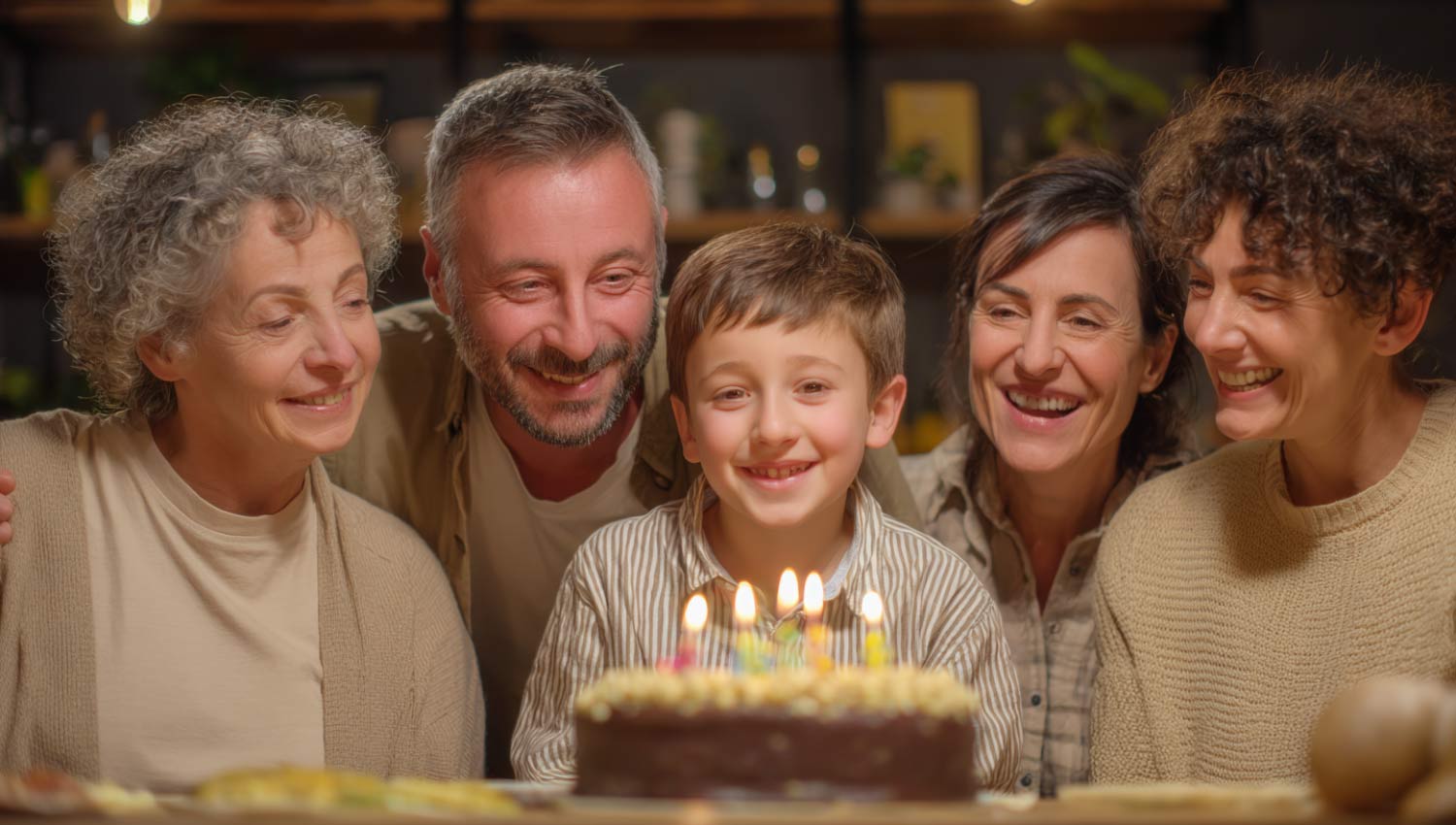 Family gathered around a table with cake and candles.
