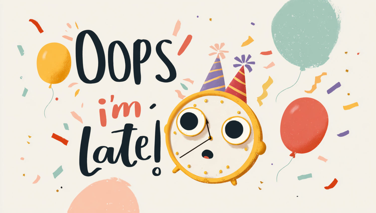A playful message graphic with a cartoon clock and “Oops I’m late” birthday wish