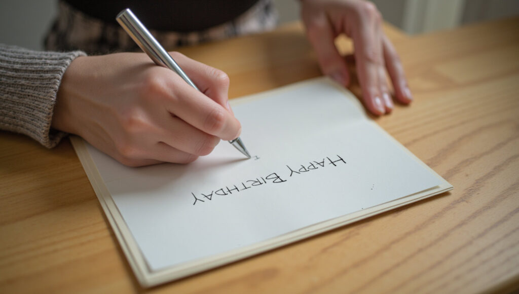 Close-up of someone writing a heartfelt message in a birthday card.