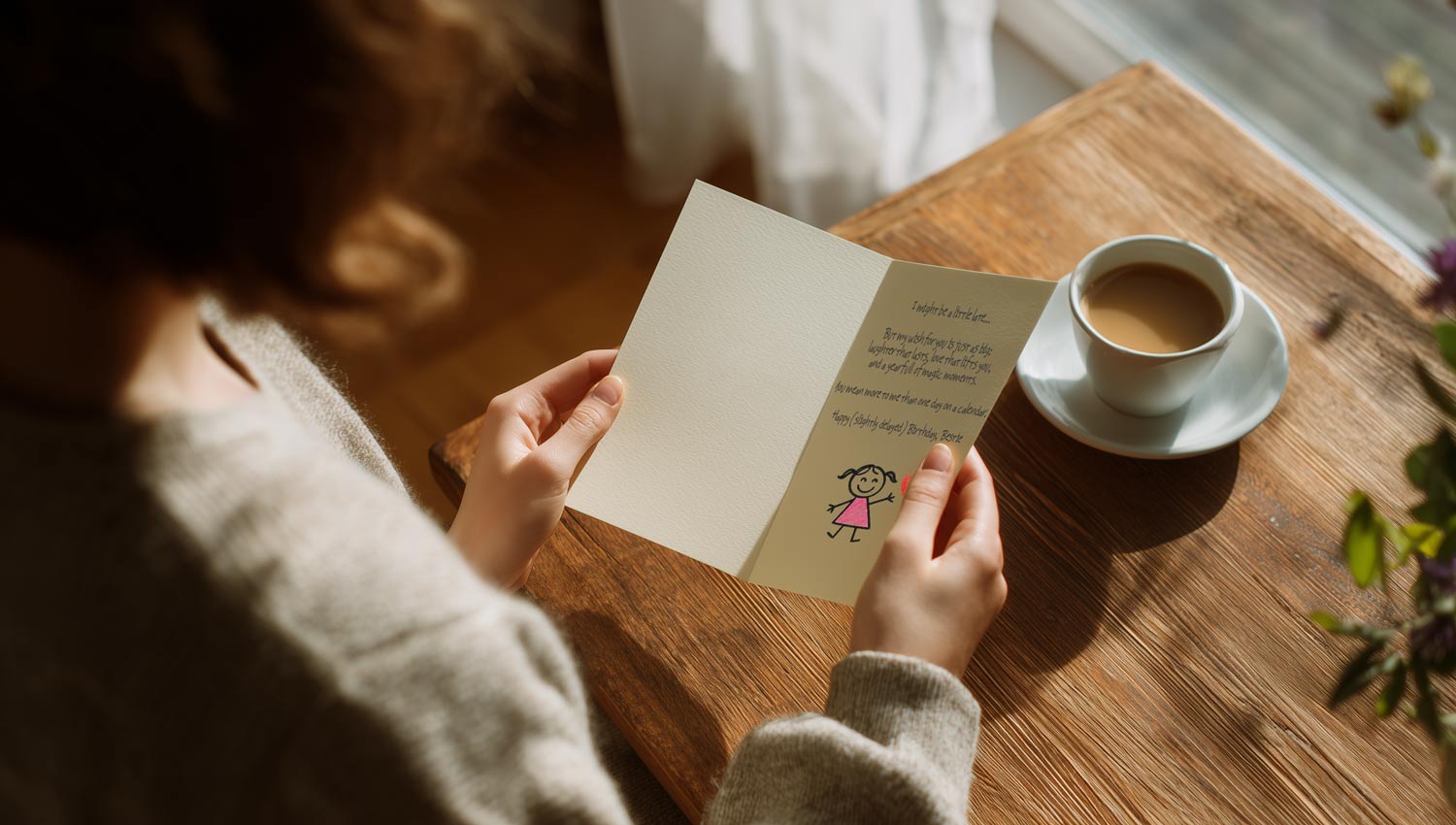 A smiling person opening a belated birthday card while sipping coffee on a sunny morning