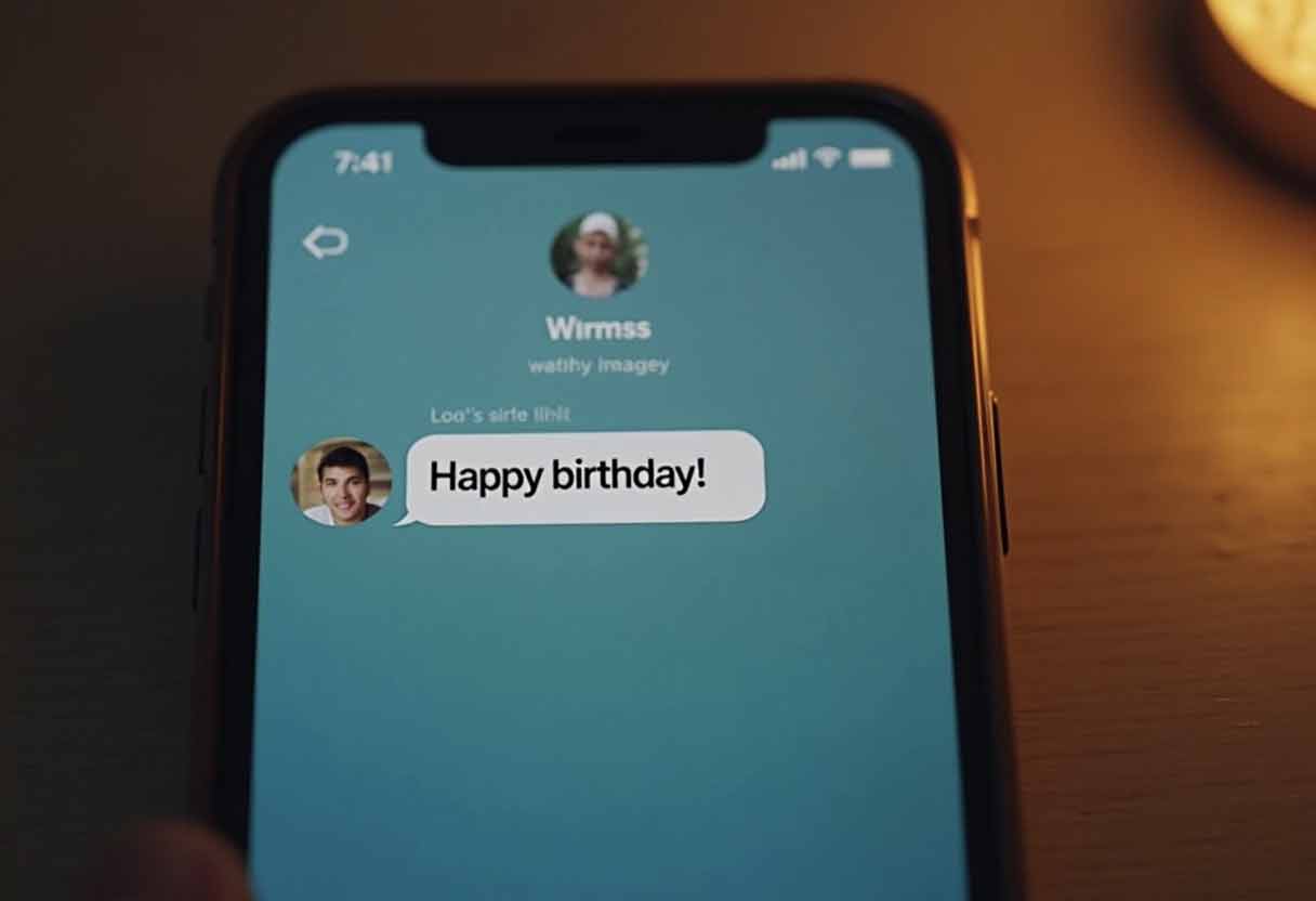 Smartphone screen showing an unanswered “Happy birthday!” text message.