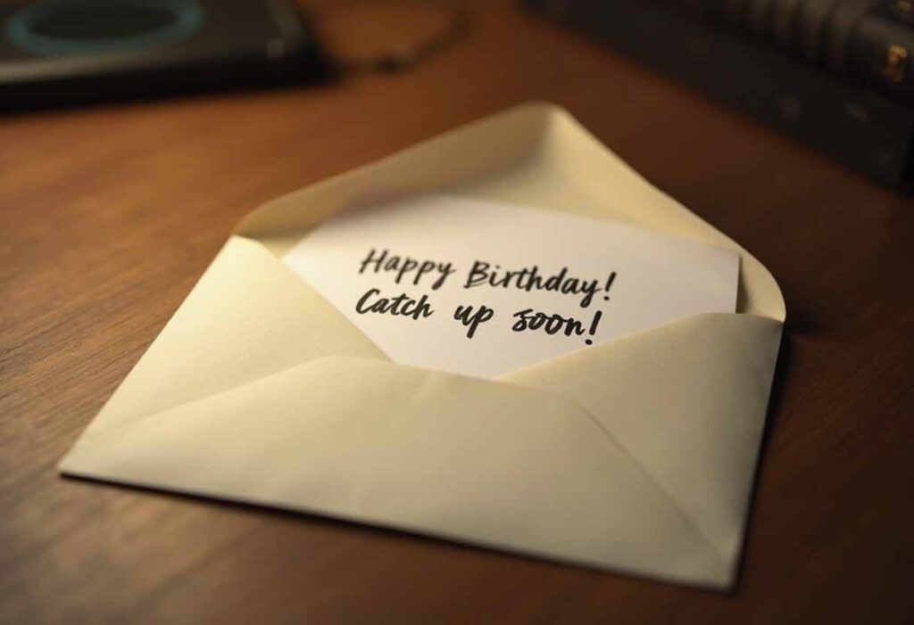 An envelope partially open on a desk, with a handwritten birthday card just visible inside.
