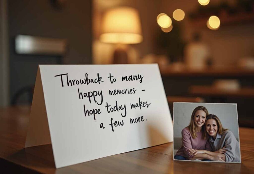 Birthday card reading “Throwback to so many memories — hope today makes a few more” beside a photo of two people together.