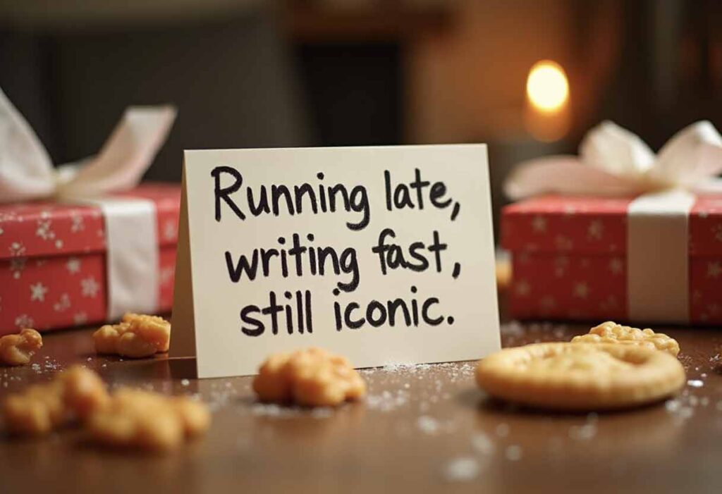 Birthday card with messy handwriting reading “Running late, writing fast, still iconic” surrounded by snacks and half-wrapped gifts.