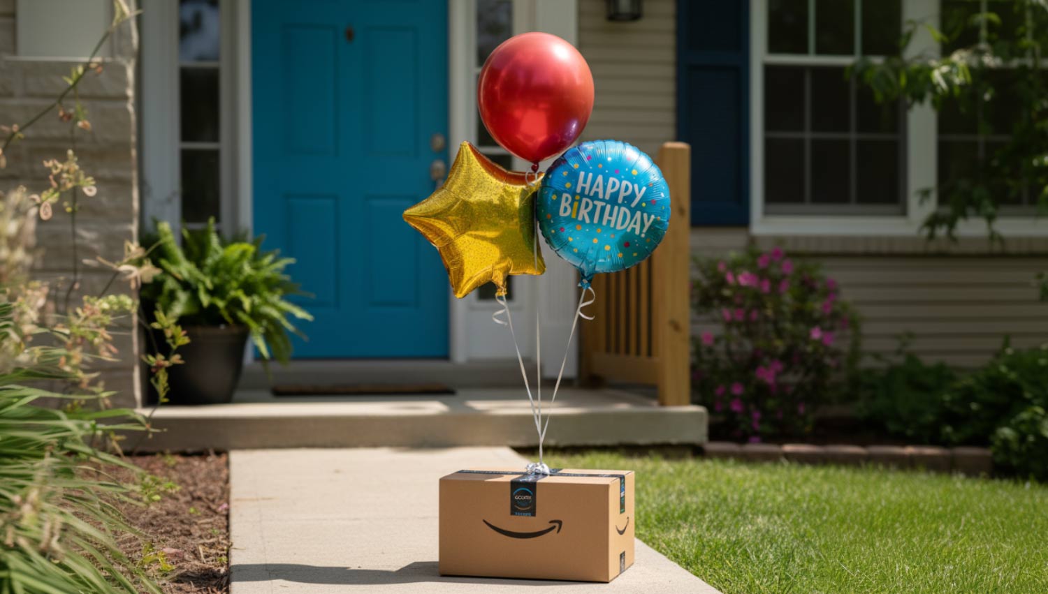 An Amazon package on a doorstep with a single birthday balloon tied to it.