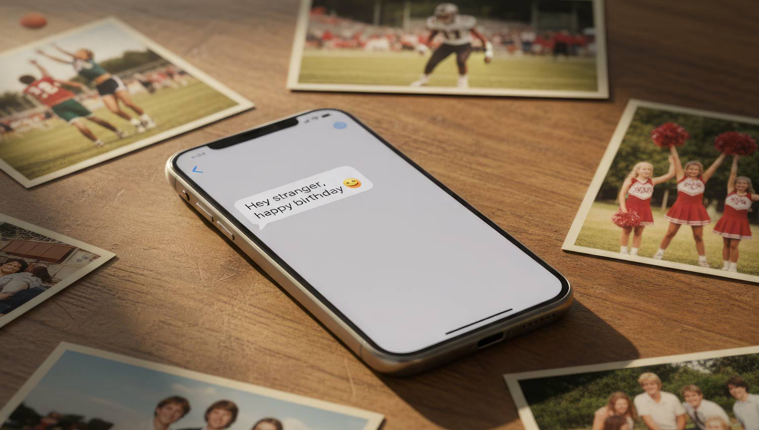A screenshot-style mockup of a casual DM that says, “Hey stranger, happy birthday 🎂” against a blurred background of old photos.