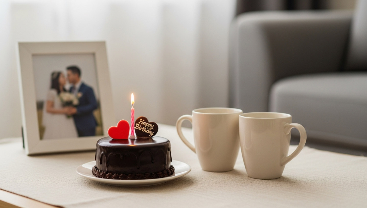A cozy living room scene with a small birthday cake on the coffee table, two coffee mugs beside it, and a couple’s photo frame in the background — soft, warm lighting.