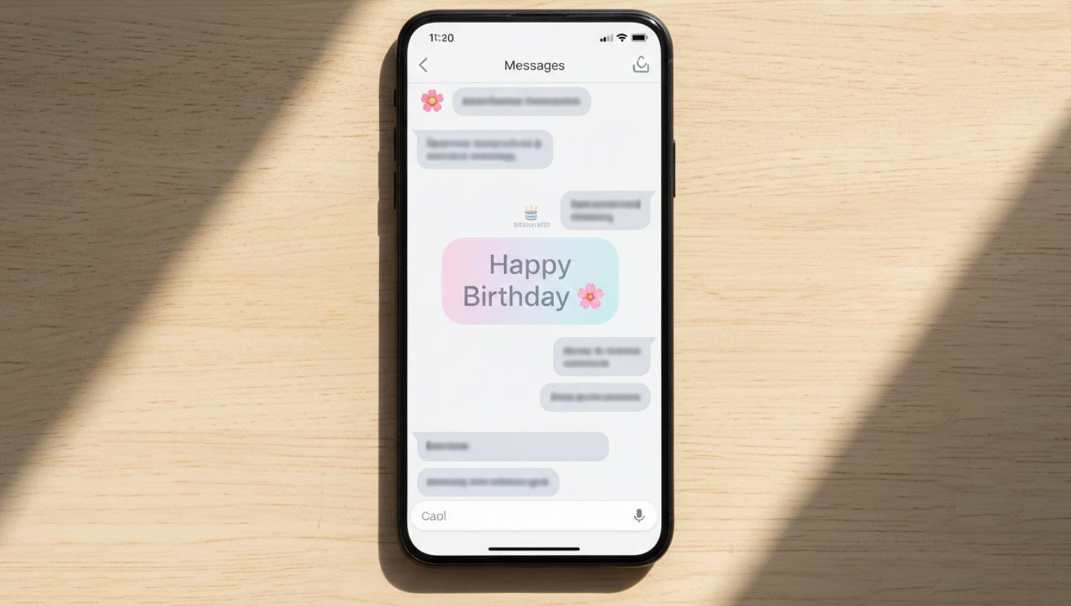 A bright WhatsApp chat screenshot with a pastel “🎂 Happy Birthday 🌸” status in muted tones.