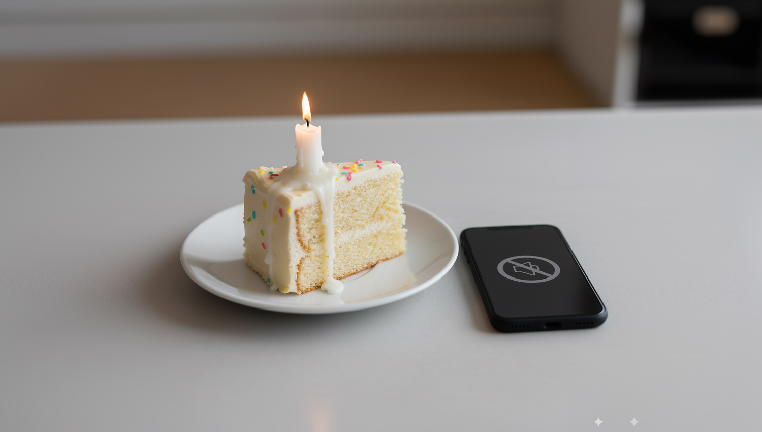 A half-melted candle on a slice of cake, sitting next to a muted phone screen — soft light, quiet mood.