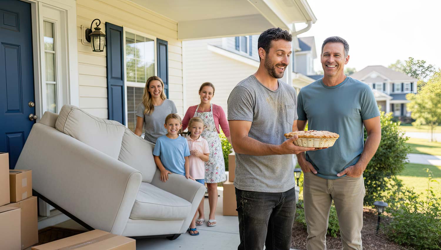 A family carrying boxes into a new home, with a smiling neighbor offering a small plant or pie.