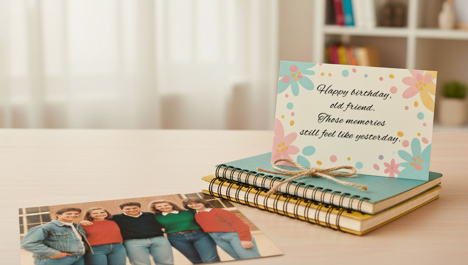 A faded yearbook photo and a stack of old school notebooks, with a birthday card resting on top.