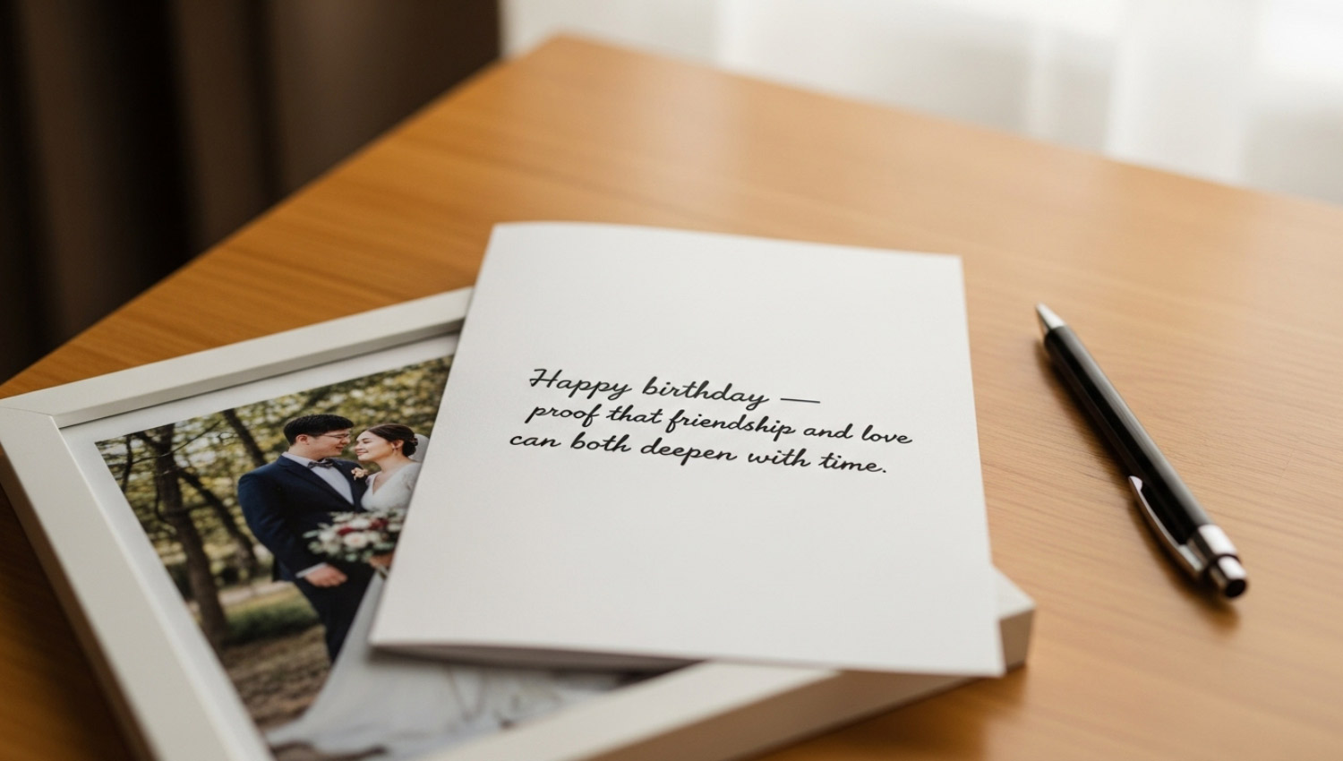 A handwritten birthday card on a wooden desk, with a wedding photo partly tucked under it and a pen resting nearby — intimate and personal.