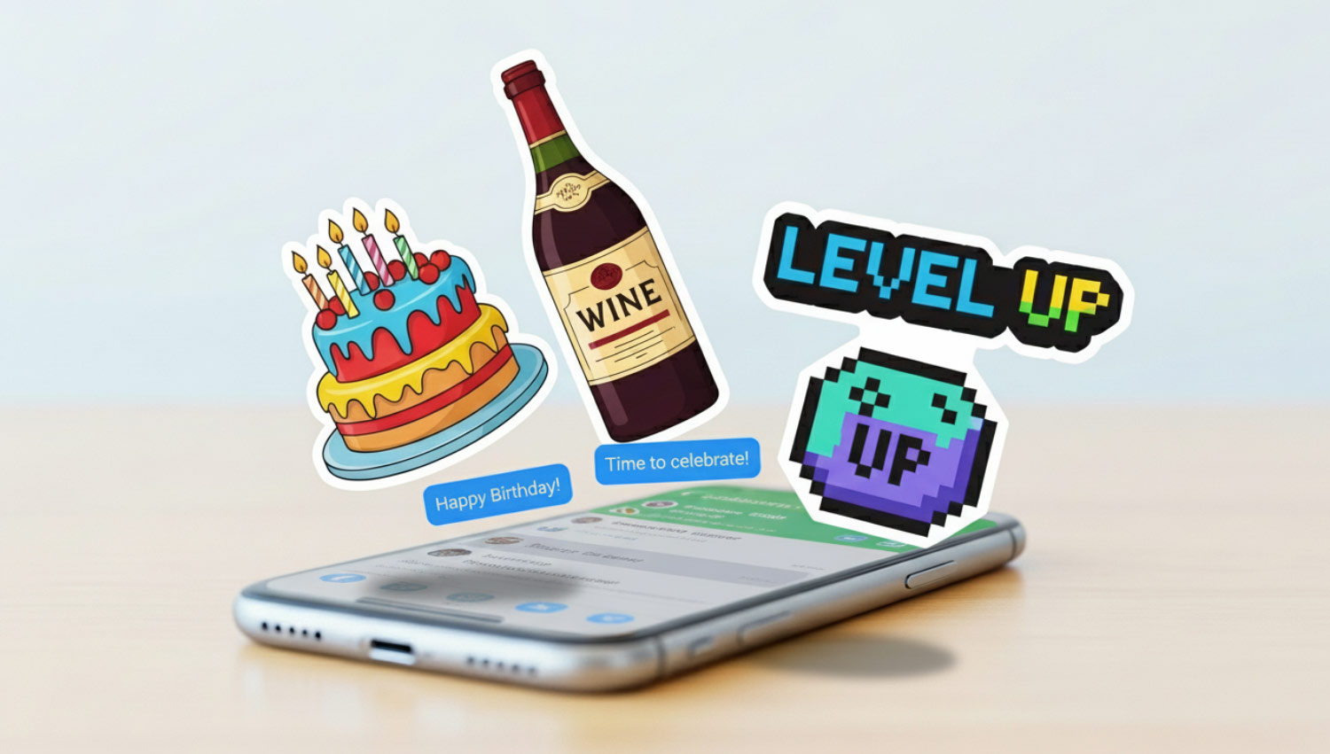 Meme-style sticker collage with a cake, vintage wine bottle, and a “level up” gaming icon - all floating around a phone screen.