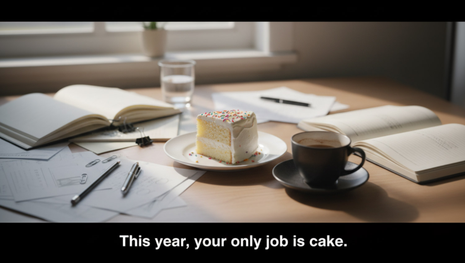 coffee cup, messy desk cleared just enough for a slice of cake. Caption overlay: “This year, your only job is cake.”