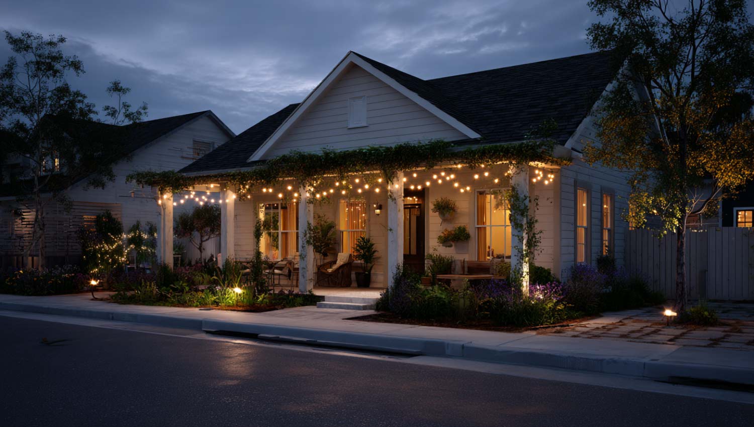 A warmly lit home with string lights on the porch, viewed from the street in the evening.
