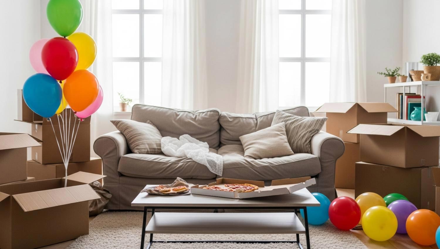 A messy but cozy living room with moving boxes, a sagging couch, and a leftover pizza box, with balloons on the side.