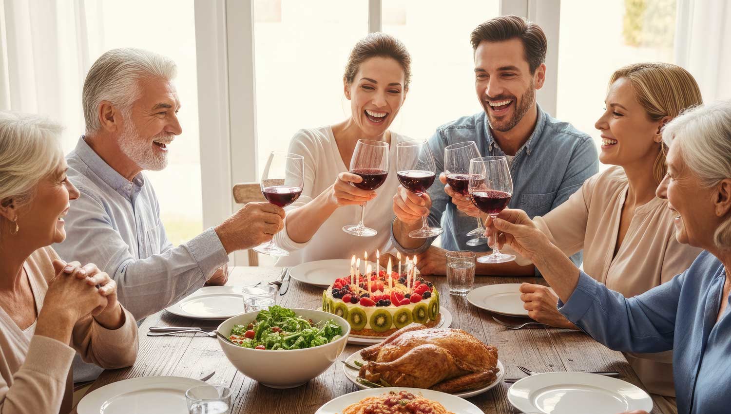 A group dinner table with two families clinking glasses, laughing together, and a birthday cake in the center — warm, slightly chaotic but fun energy.