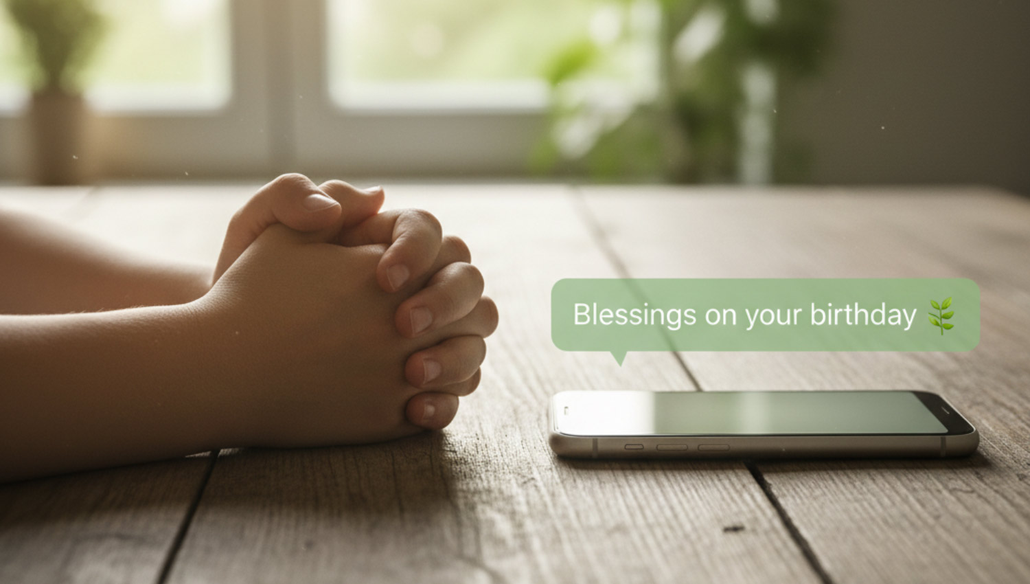 A soft-lit photo of hands clasped in prayer with a phone notification bubble: “Blessings on your birthday 🌿.”