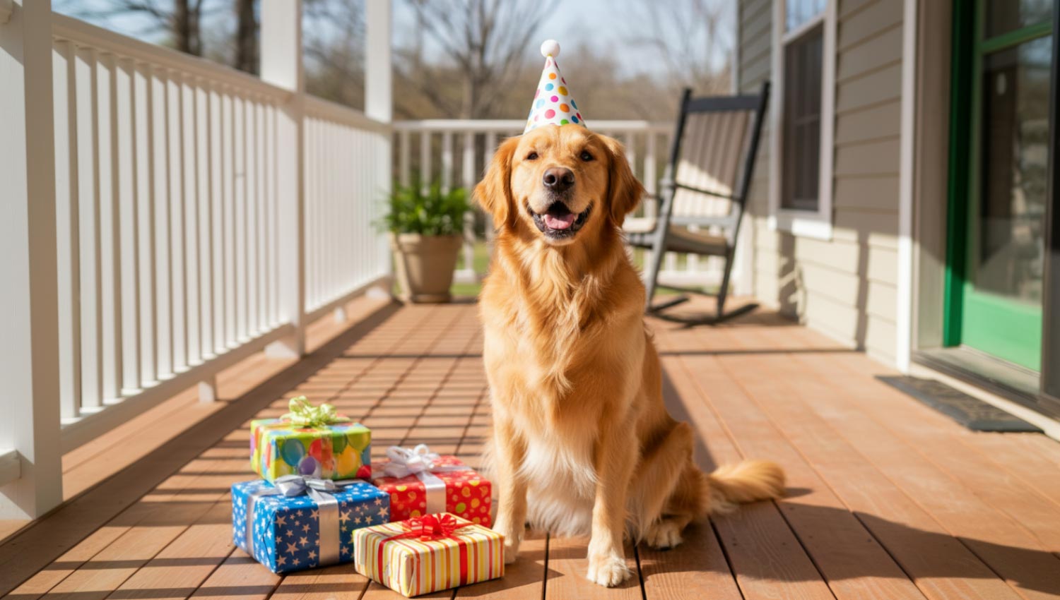 A friendly dog wearing a tiny birthday hat, sitting on a porch with wrapped gifts nearby.