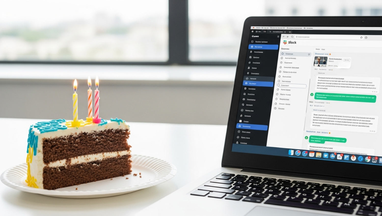 A half-empty office birthday cake on a paper plate next to a laptop with Slack open.