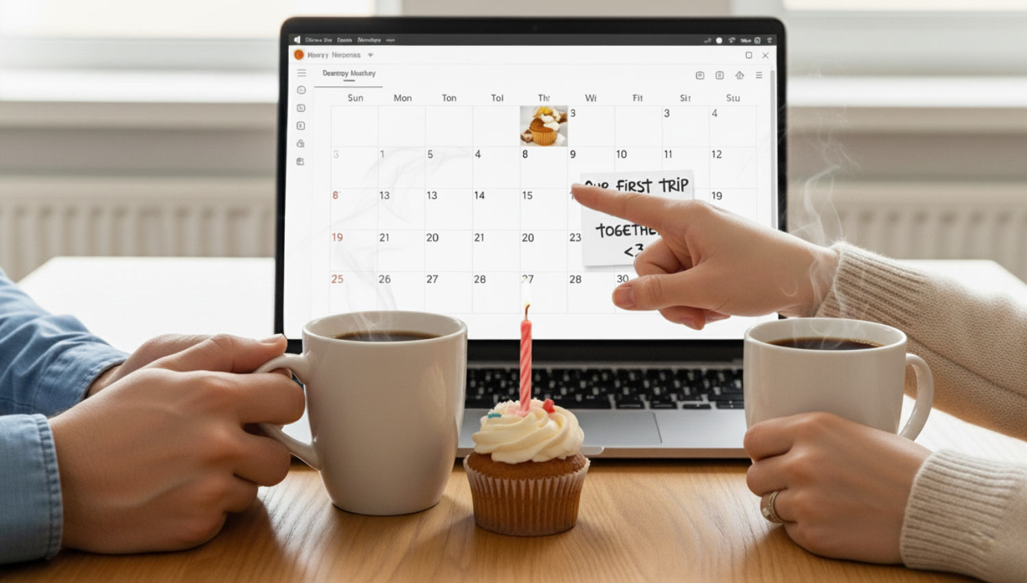 A couple’s hands holding matching coffee mugs near a laptop open to a shared calendar, with a birthday cupcake nearby — everyday married life with a celebratory twist.