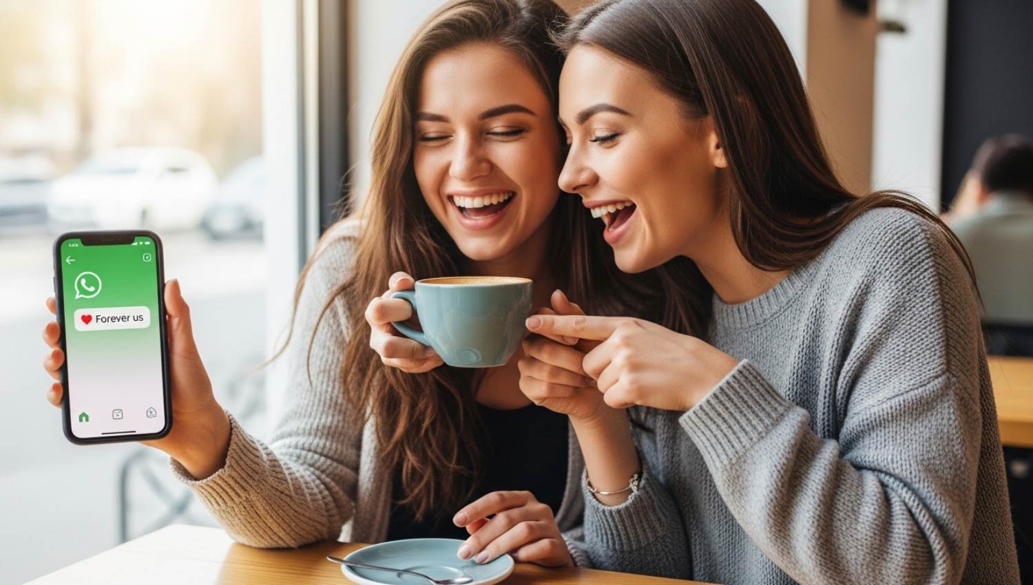 Two friends laughing over coffee with one glancing at a phone showing “🥂 Forever us” as a WhatsApp status