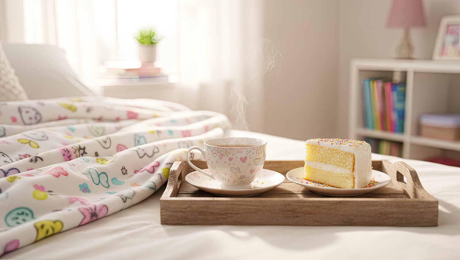 Cozy blanket, tea, and cake on a bedside tray. Gentle, not pitying — comfort as the focus.