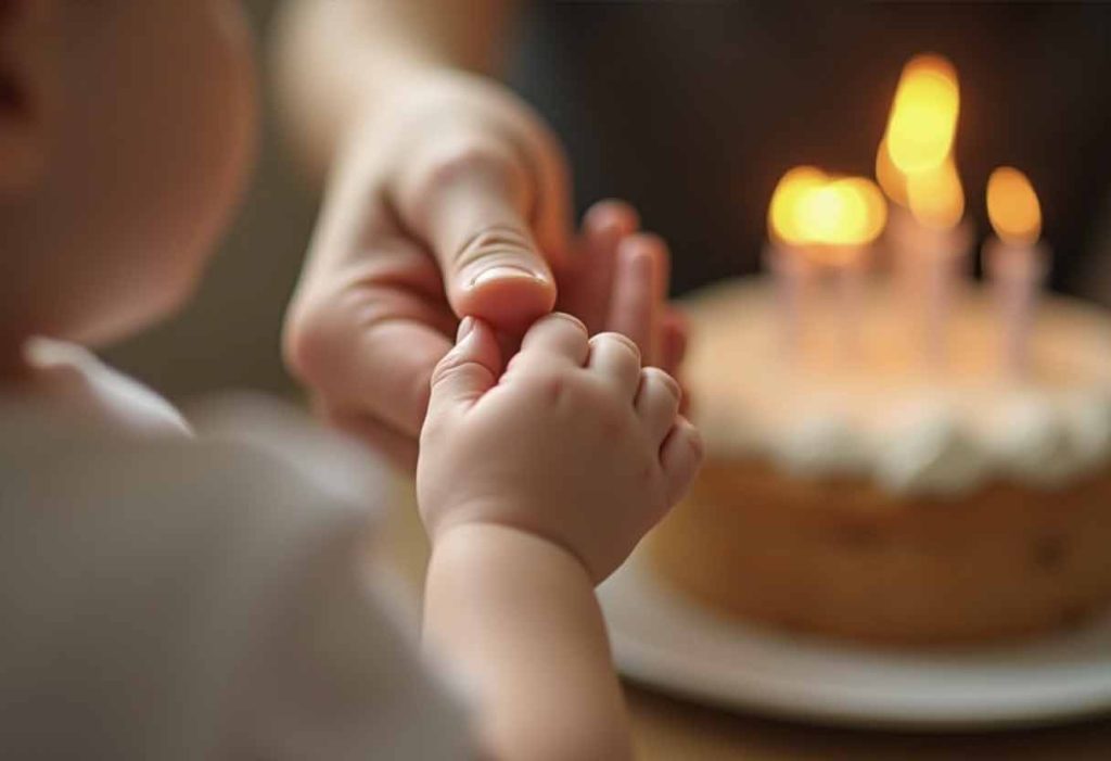 Baby’s hand holding Mom’s finger with a birthday cake in the background.