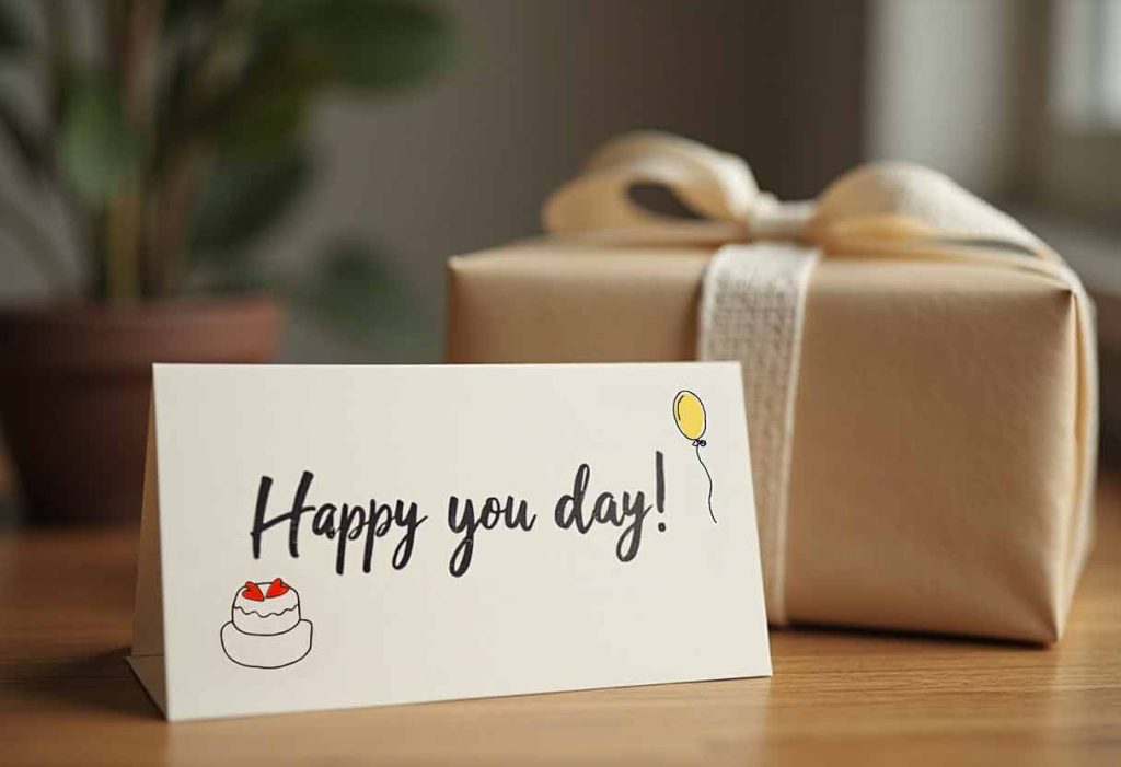 Handwritten card beside a wrapped gift on a wooden table that reads “Happy you day!”