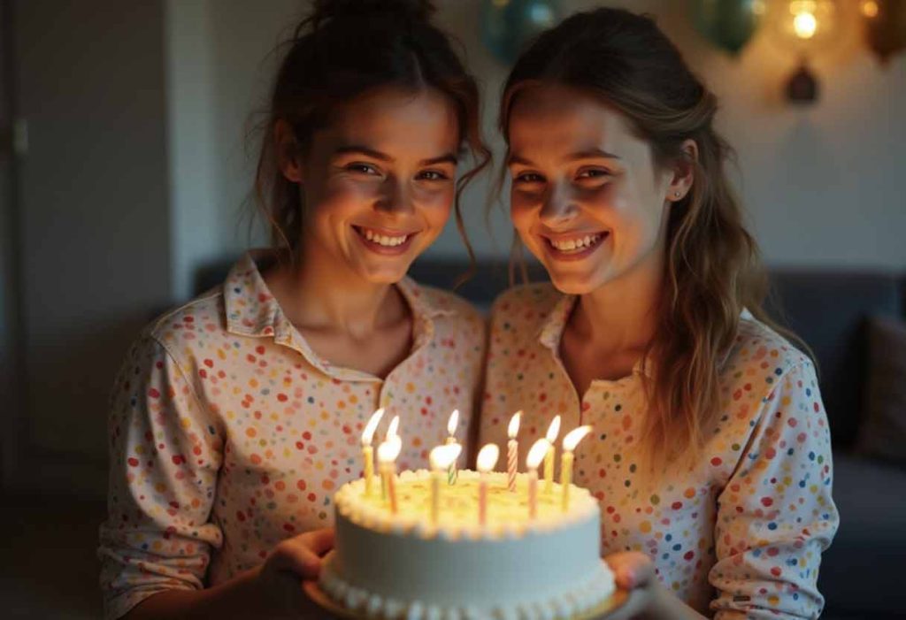 Realistic photo of two friends in patterned matching shirts holding a birthday cake with candles.
