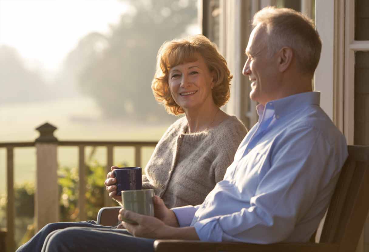 An older couple sitting on a porch in the morning with coffee mugs, sharing a peaceful, natural moment.