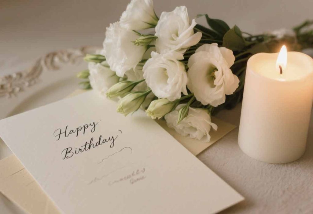 A handwritten birthday card beside white flowers and a lit candle, styled simply and elegantly.