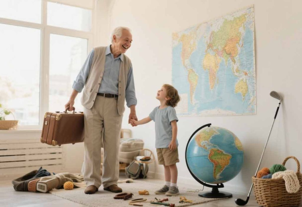 Retired grandparent holding a suitcase and grandchild’s hand near a travel globe, with hobby items nearby.