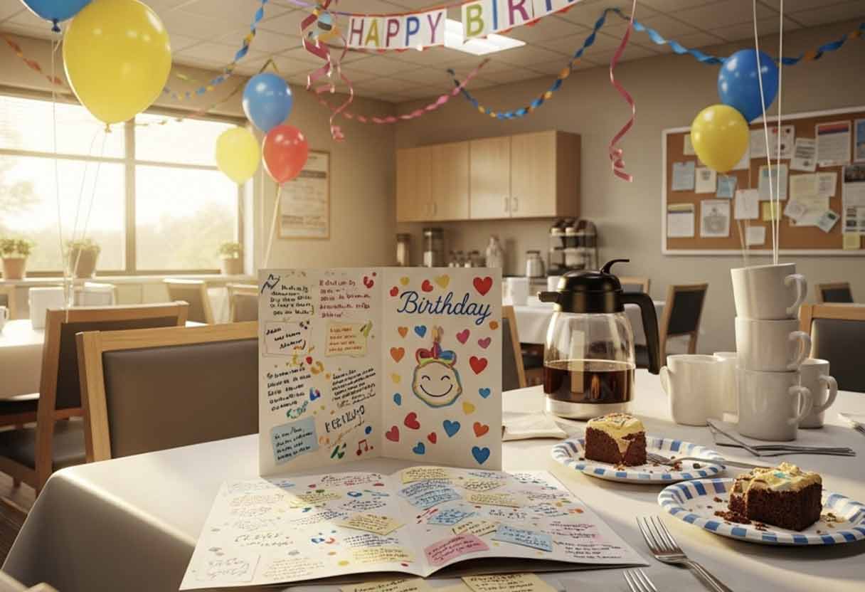 Office breakroom with balloons and a shared birthday card signed by coworkers.