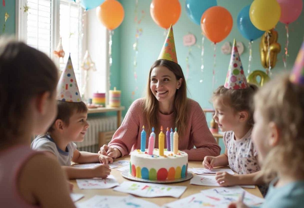 Children celebrating in a colorful room with balloons and cake, surrounding a smiling foster parent.
