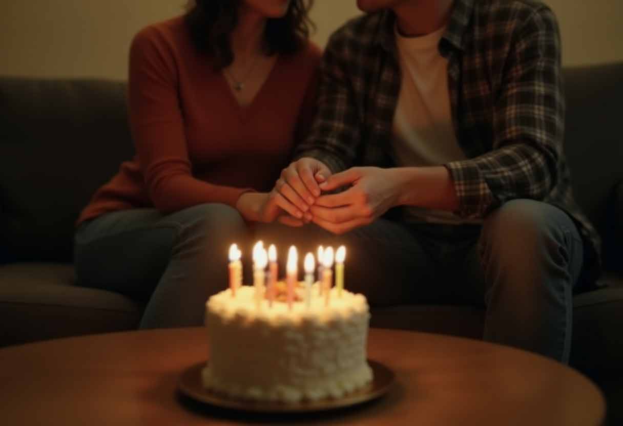 A couple sitting together with a birthday cake between them, the candlelight reflecting off an engagement ring.