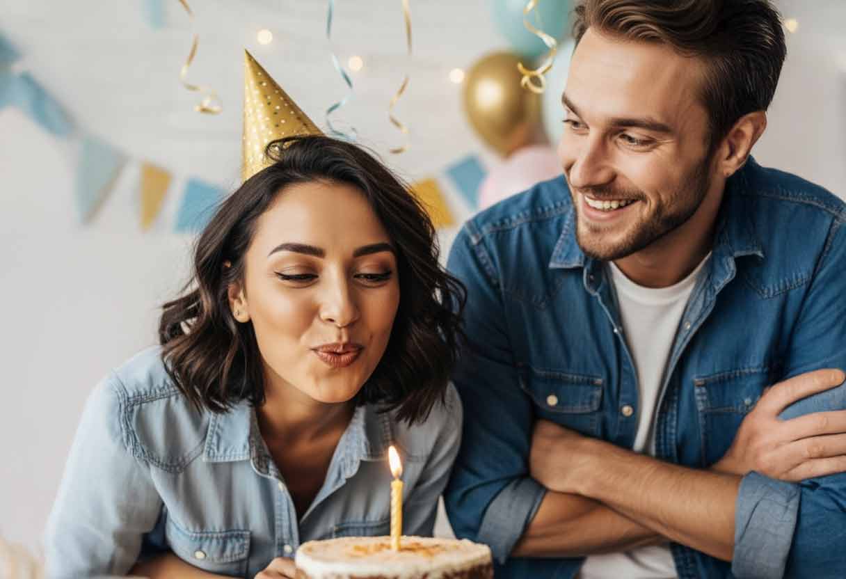 Two friends laughing, one pretending to blow out a candle while the other looks mischievous.