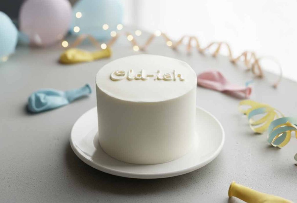 Minimalist cake with the word “Old-ish” written in frosting.