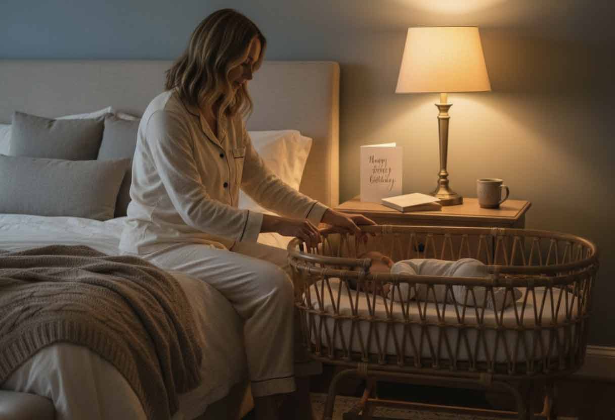 A new mom in pajamas sits by her bed with a baby bassinet nearby, a birthday card on the nightstand glowing softly under a lamp.